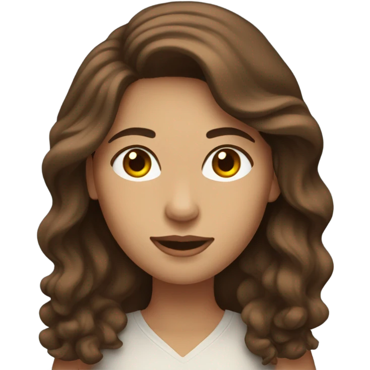 a woman with brown long wavy hair and brown eyes and white skin with macbook emoji
