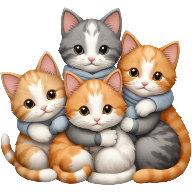 6 tiny kittens cuddling together all various different natural colours including solid grey with white mittens, grey and white, ginger and white, calico and brown and white emoji