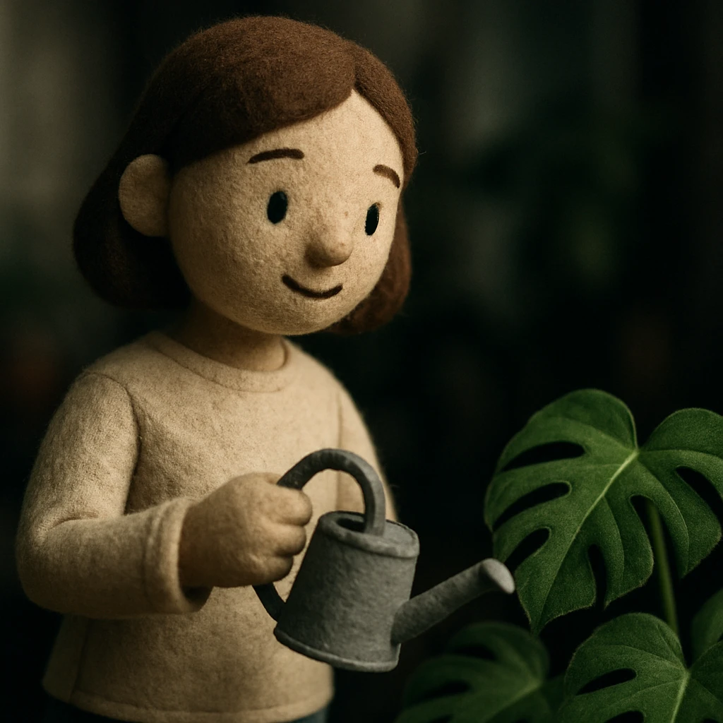woman watering her monstera plant emoji