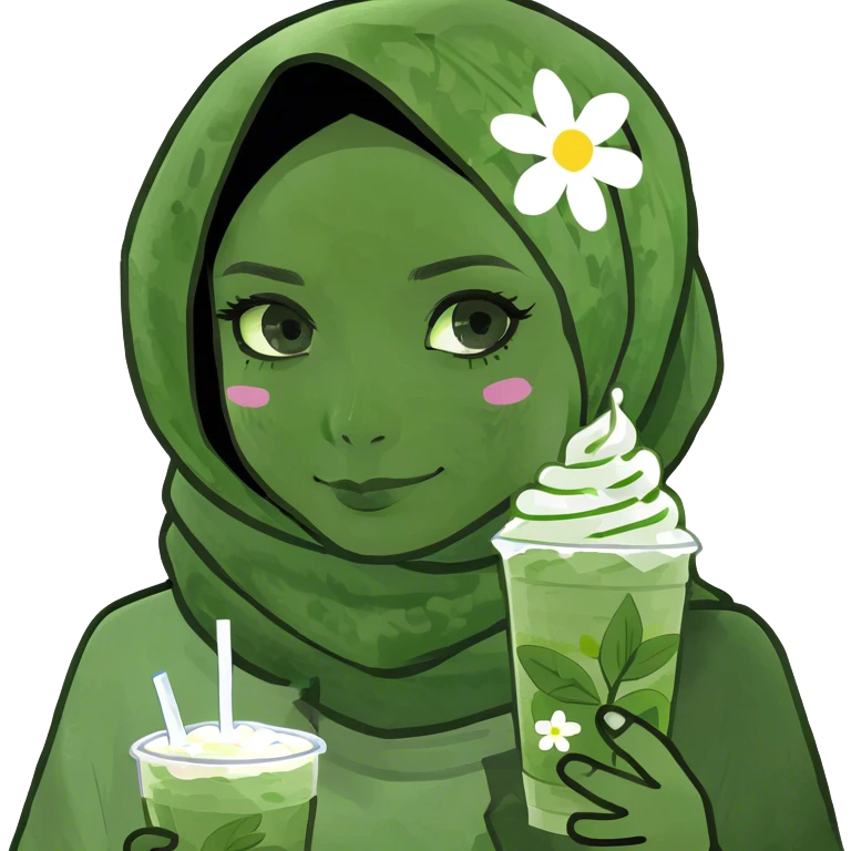 White girl with flower pattern hijab with iced matcha emoji