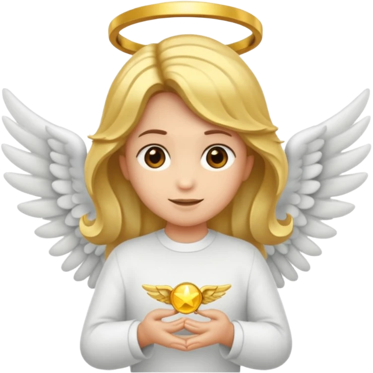 "Um emoji de anjo com cabelos loiros, um halo, asas, segurando um sinal de 'compartilhar' em letras em negrito." emoji