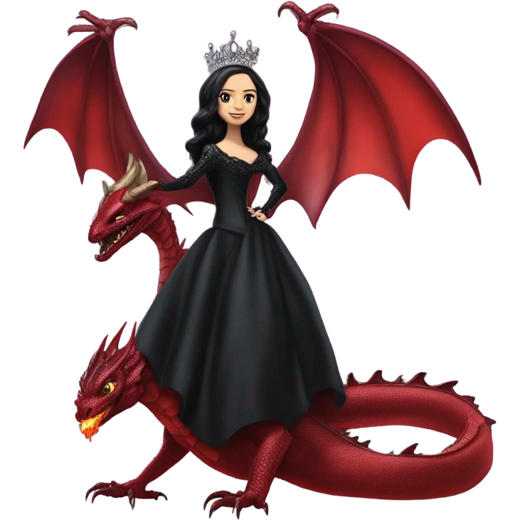 Lavish Victorian evening gown, Jenna Ortega as young Morticia Addams Jedi wearing a mini tiara, riding on the back of a very large blood red evil-looking fire-spewing horned dragon emoji