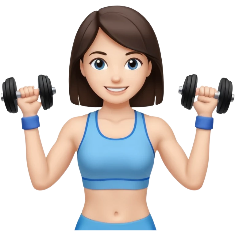 brunette girl lifting dumbbells, dressed in light blue sportswear, smiling, minimal background emoji