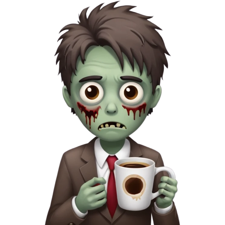 A cute but exhausted office worker character looking like a zombie, holding a giant cup of coffee, dark circles under eyes, messy hair, flat 2D vector art, white background, "Monday Vibes" text. emoji