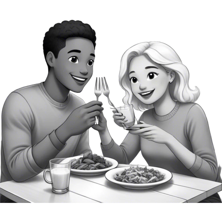 NOTO, A hand-drawn, black-and-white digital illustration in a playful, cartoonish style, A happy couple sits together at a cozy table, enjoying a meal and drinks. They have warm, joyful expressions as they engage in conversation. One holds a fork with a bite of food, while the other lifts a glass for a sip. The meal is inviting, with plates of delicious food and drinks adding to the atmosphere. The background remains minimal, ensuring the focus stays on the couple and their shared moment emoji