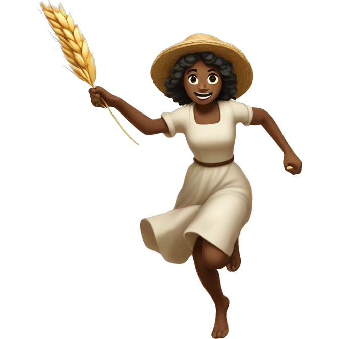 huckleberry Finn harvest goddess sprinting with wheat, with a large stride and arms outstretched emoji