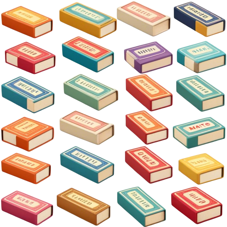 Icon for Matchbox Collecting: a collection of colorful vintage matchboxes arranged in a row, with the match tips visible on the sides. The icon should highlight the unique design and charm of the matchboxes from various places. Transparent background. emoji