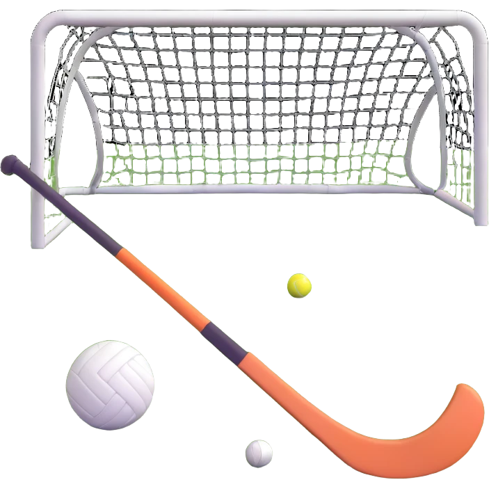 field hockey stick and ball on lush green grass with goals emoji