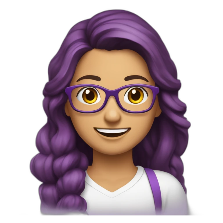 mujer-piel muy blanca-con gafas-sonriendo-camisa color morado-pelo corto hasta el hombro-pelo color marrón,con un computador,muy detallada emoji