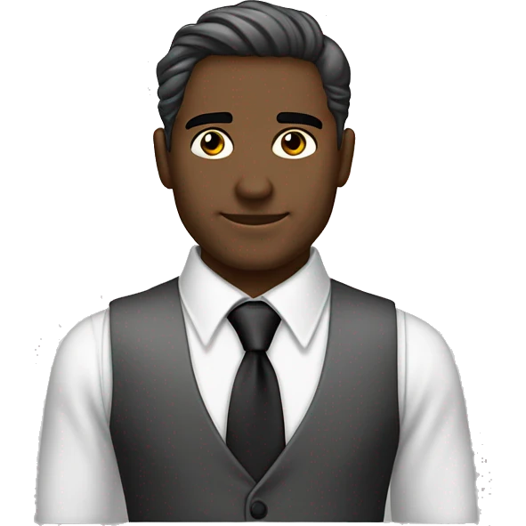 cabello blanco, ojos blancos, piel pálida, corbata negra, camisa de vestir gris, con chaleco negro, aro de ángel negro, cejas bonitas  emoji