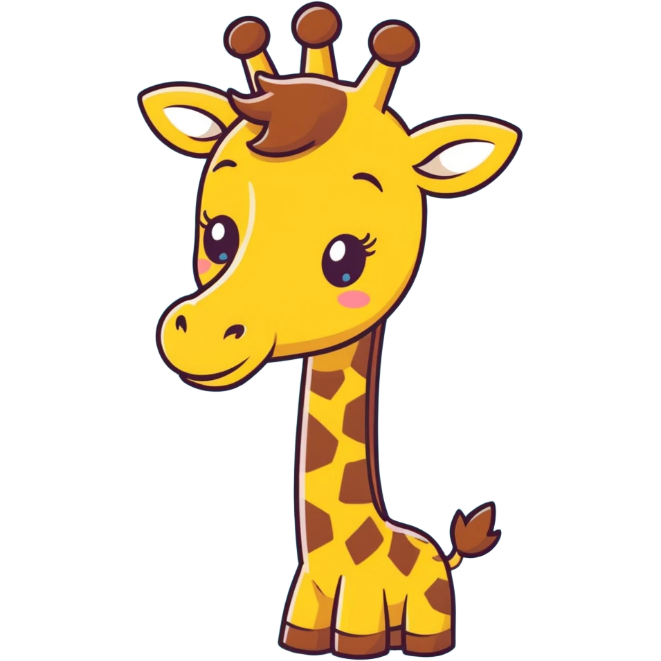An adorable cartoon giraffe face with one eye slightly closed in a wink, a big cheerful smile, and a tiny raised hoof waving hello. Rosy cheeks, sparkles in the eyes, and a warm yellow-brown palette. The expression should feel inviting, like a happy 'Hi chat!' Perfect for greetings emoji