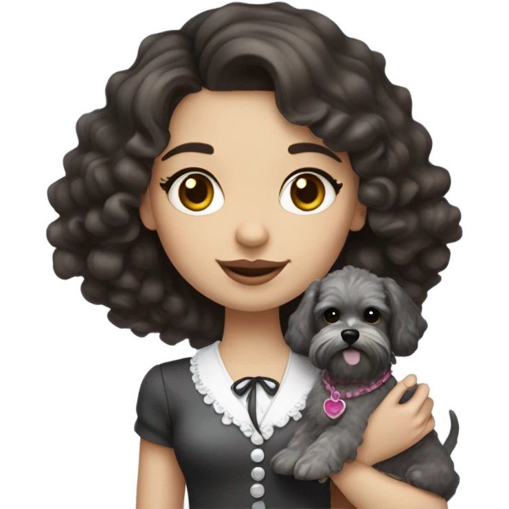 A girly with dark brown curly hair and pale skin wearing coquette clothes, and holding a salt & pepper miniature shnuaEd emoji