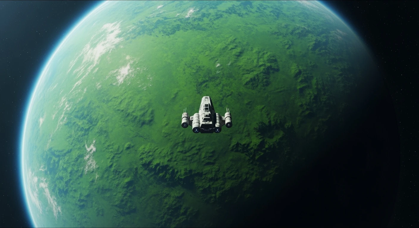 cinematic still, establishing shot, shot from top, entire globe green planet, single starship coming to planet, inspired by StarWars movie, captured by arri alexa  emoji