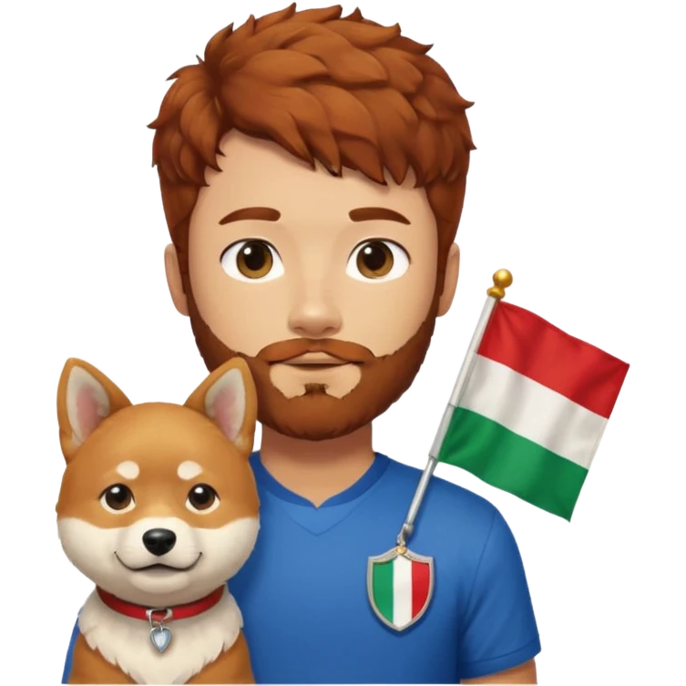 Italy flag shirt boy with beard brown reddish curly hair next to Shiba Inu emoji