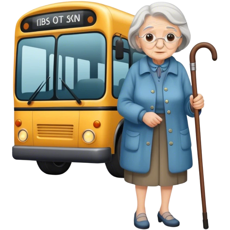 Old lady with a walking stick waiting to get on a bus emoji