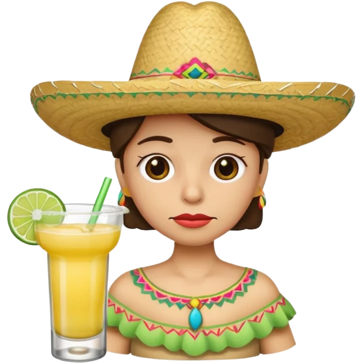 Sad face emoji wearing sombrero drinking margarita emoji