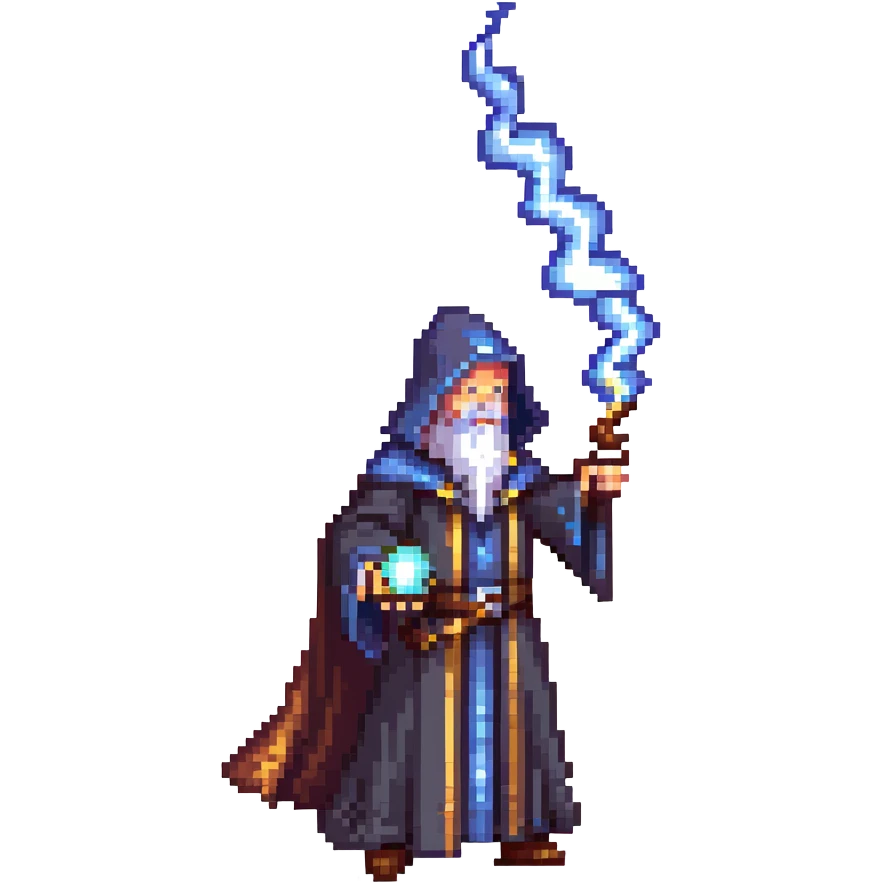wizard casting lightning spell, heavy metal aesthetic, dark robes emoji