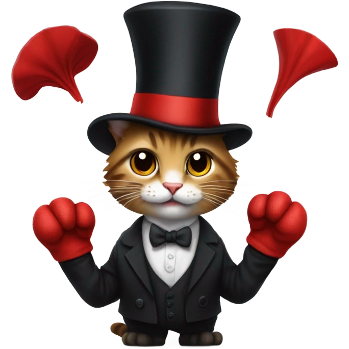Cat with a top hat wearing a suit and tie and black ripped jeans with a fluffy tail and sharp claws and fingerless gloves while holding a red hat gone  emoji