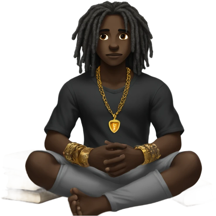 darkskin boy dreads black shirt grey sweats gold bracelets necklaces reading bible emoji