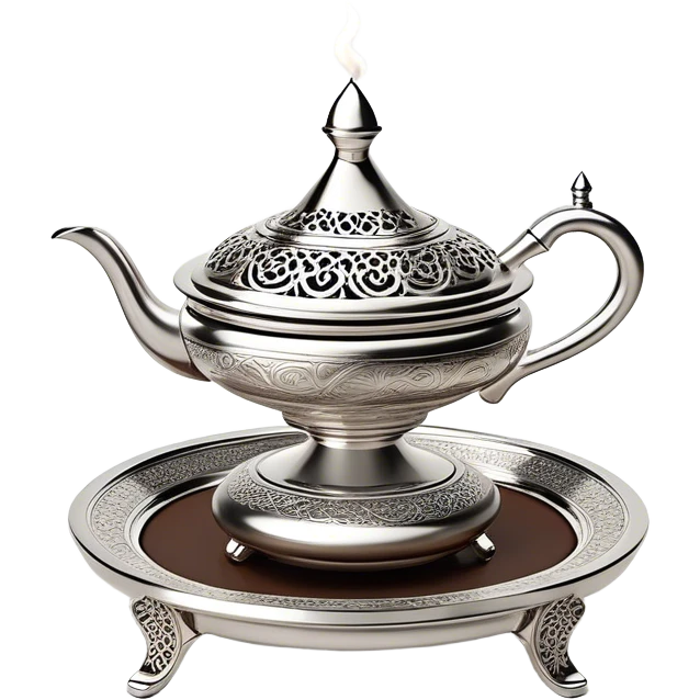 A luxurious Arabian incense burner (mabkhara) elegantly releasing swirling trails of oud or bakhoor smoke, creating a warm and mystical atmosphere. The intricately designed silver burner, placed on a polished tray, exudes opulence and tradition.  emoji