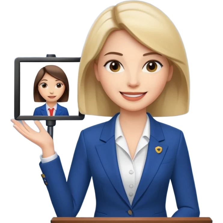 news anchor woman, with a screen with a prompter in front of her emoji