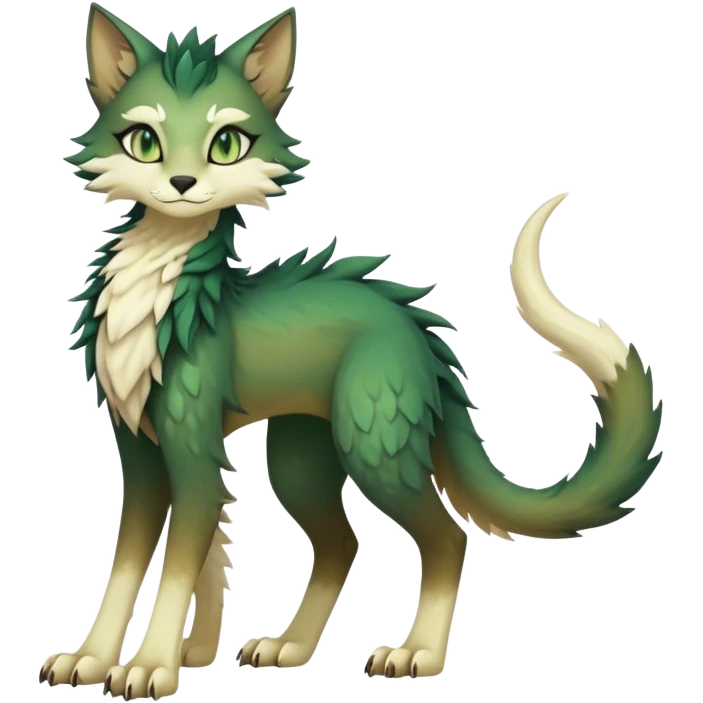 Kawaii dark edgy fantasy ethereal feline-vernid-sergal-fursona animal creature with a tufted tail full body, brown fur, with gradient beige-white intricate markings, hazel-gold-green eyes emoji