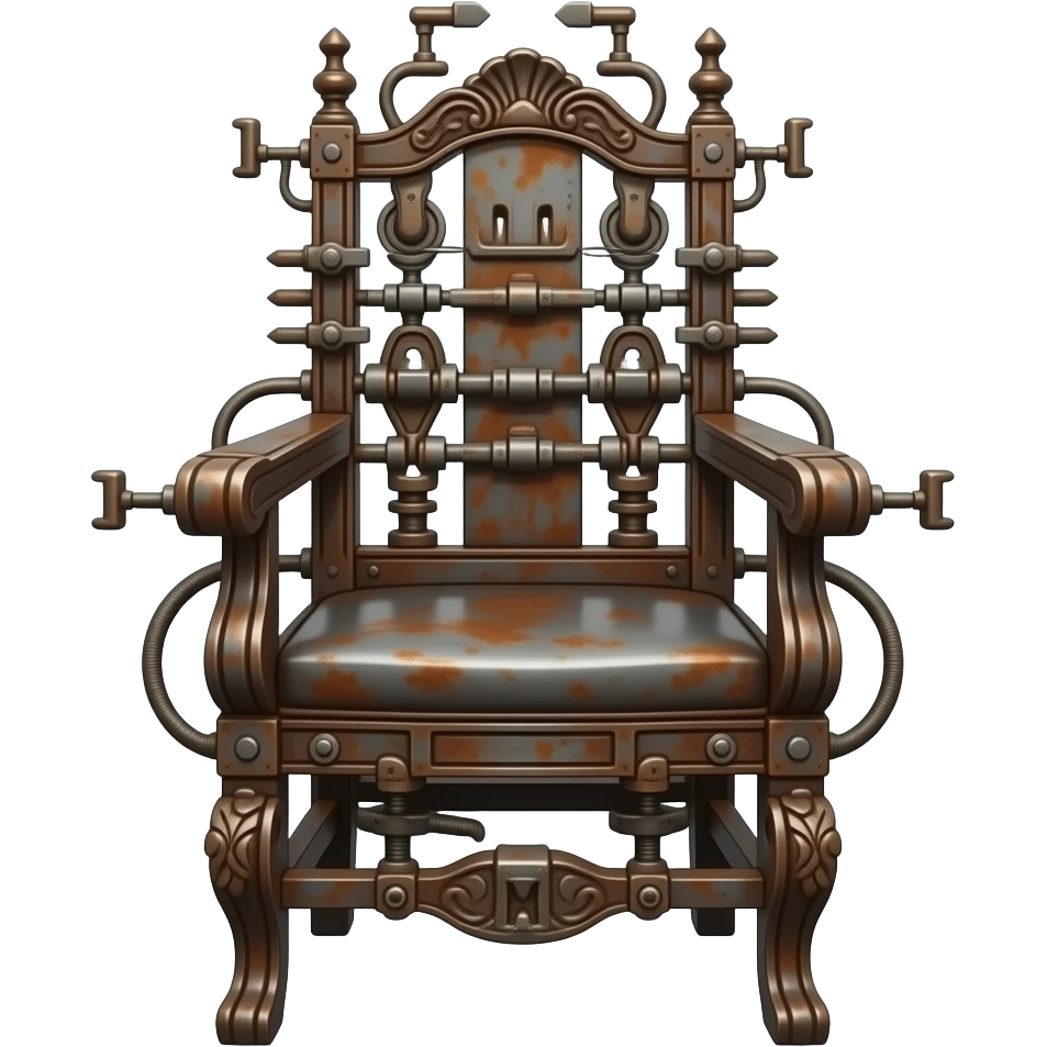 an elegant electric chair frontally composed of many rusty metal parts of old Victorian guillotines emoji