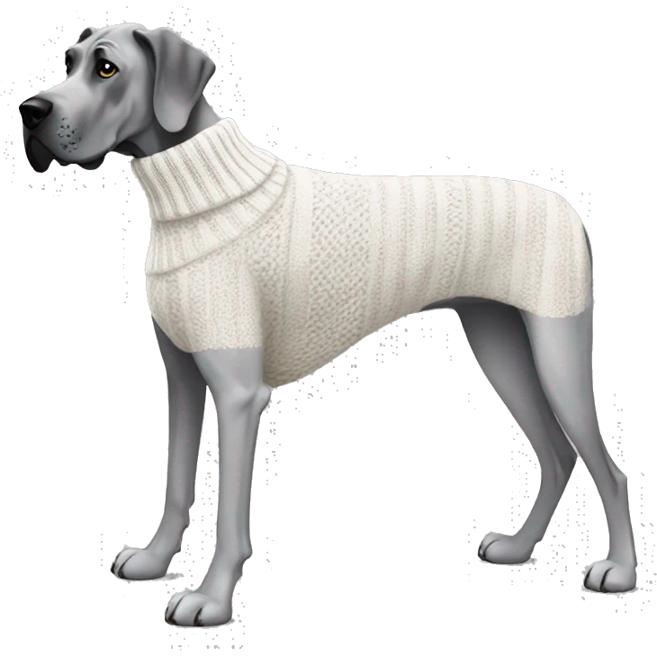 Grey Great Dane wearing a knitted white sweater  emoji