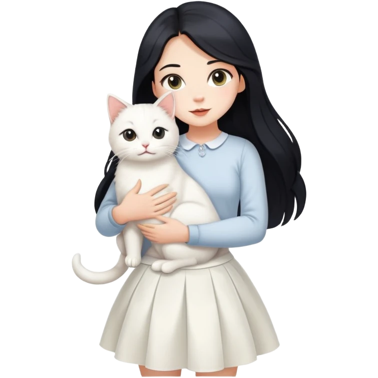 A beautiful girl with long black hair wearing a white skirt holds a cute white cat in her arms emoji