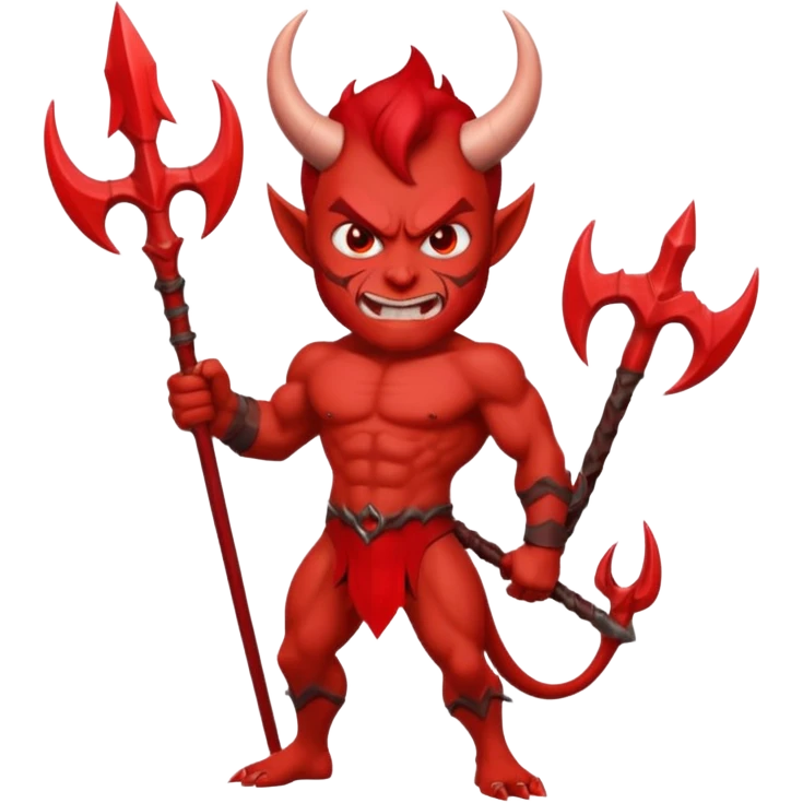 Emoji-style devil: red skin, horns, muscular body, red trident, angry face, emoji