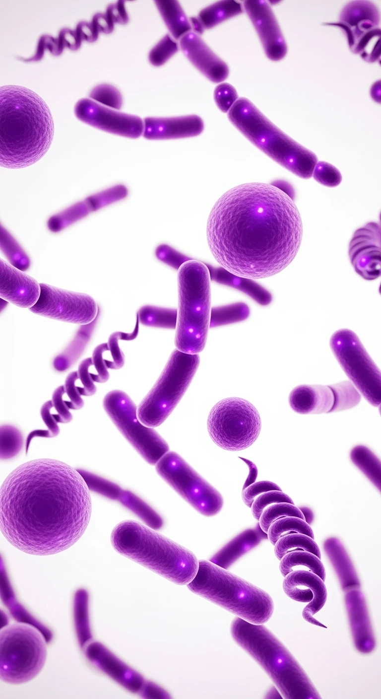 BATTERI INTESTINALI VIOLA FLUTTUANO IN ARIA, SFONDO BIANCO emoji