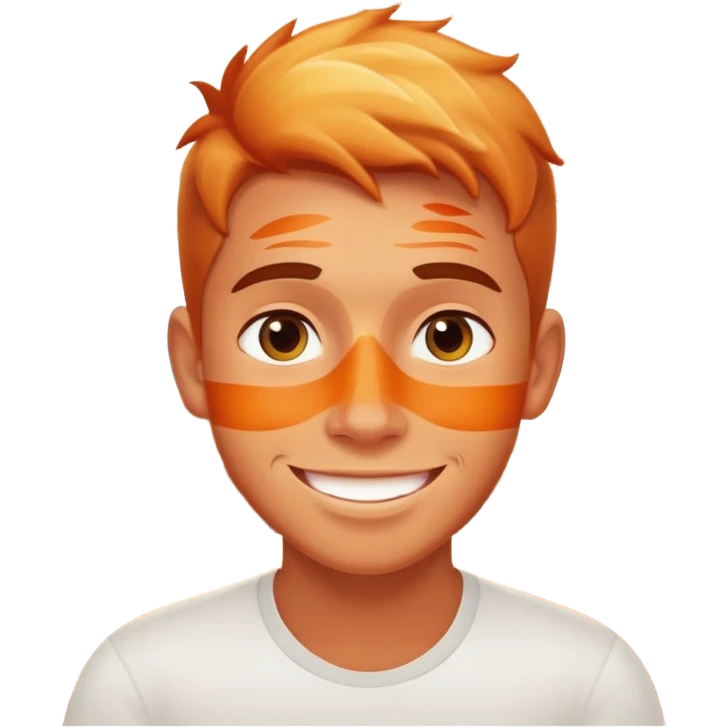 smiling boy in cafe setting with sunburn emoji