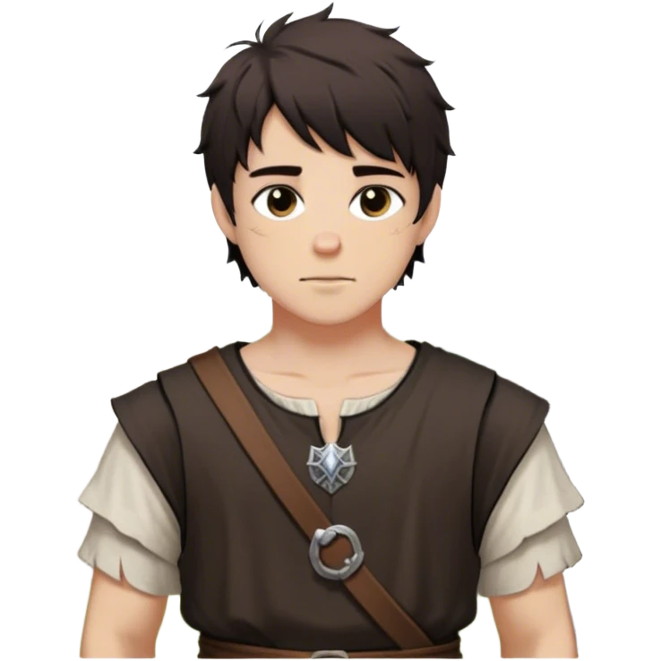 medieval summer outfit worn by a DnD themed fantasy male character. basic sleeveless cotton tunic with a simple, rounded neckline and a loose fit. clothes only above the waist. The clothes full waist. The character's haven't arms. character is white-skinned, black hair, brown eyes, short messy hair. emoji