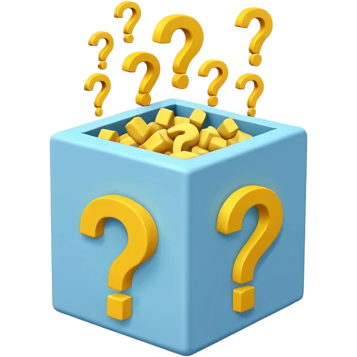 white cube shaped box over stuffed with yellow question marks emoji