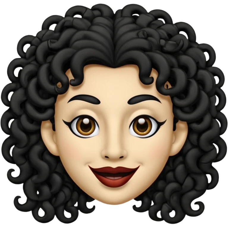 generate mask emoji with a big curly black hair 

black coloured  smiling lips and no teeth, long and pointy white nose with no nostrils, pitch black eyes with no pupils, no brows emoji