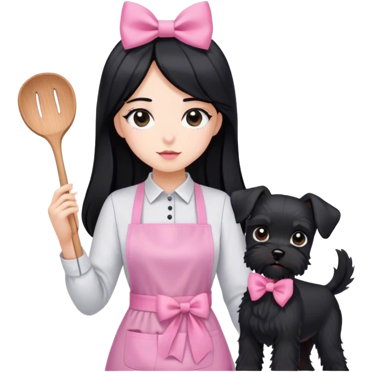 pale girl with LONG BLACK HAIR wearing black long shirt wearing apron holding black  schnauzer pink bow emoji