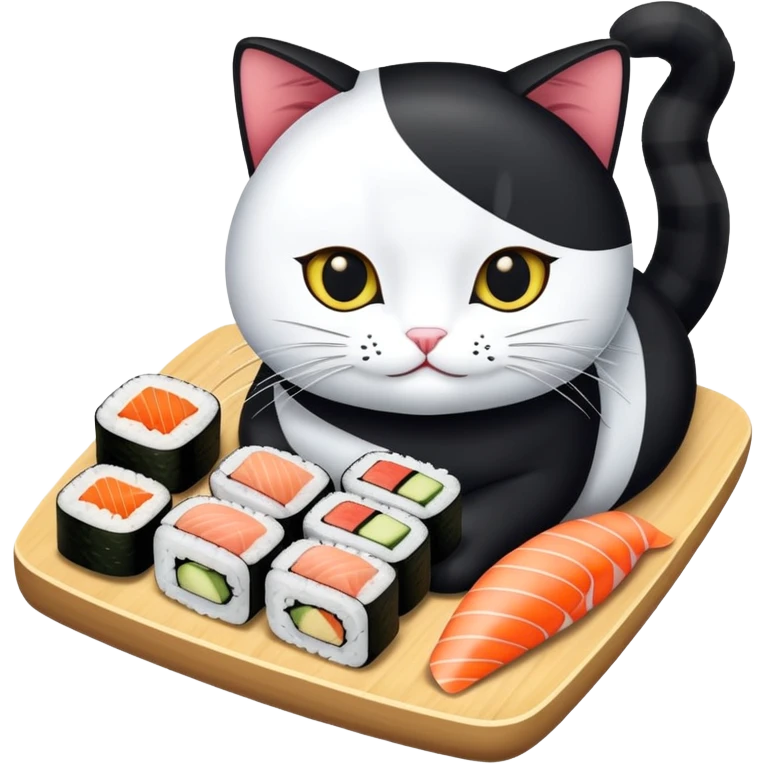 Mix een zwarte kat mat witte vlekken met een sushi emoji