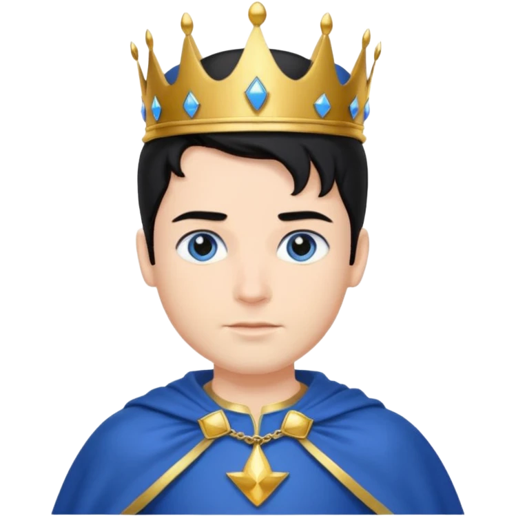 Prince with crown, blue cape and trousers, body and legs, black hair, blue eyes,  emoji