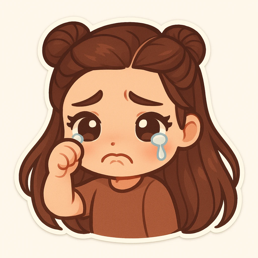 Create a chibi sticker of the girl from the reference image, crying with a pouty face, wiping away a tear, cute and expressive, with long hair. emoji