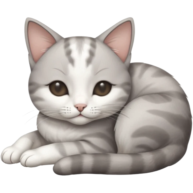 grey and white small cat with eyes closed lying down with its head resting own paw emoji