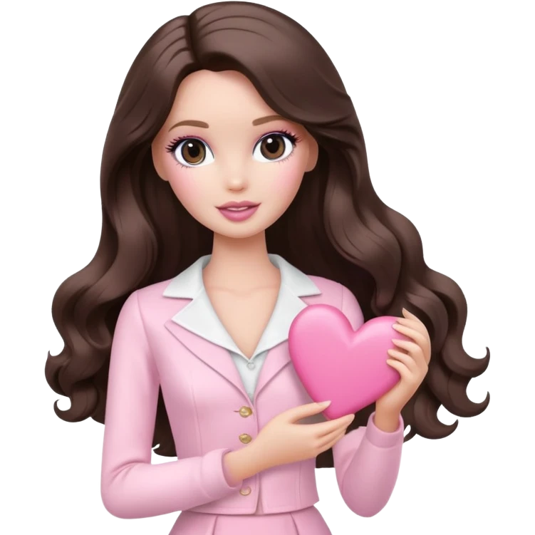 A white Barbie girl with makeup and long dark brown wavy hair in pale pink clothes holds pale pink heart emoji