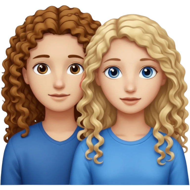 Friends, one has brown eyes, long curly brown hair, the other one has straight blond hair and blue eyes emoji