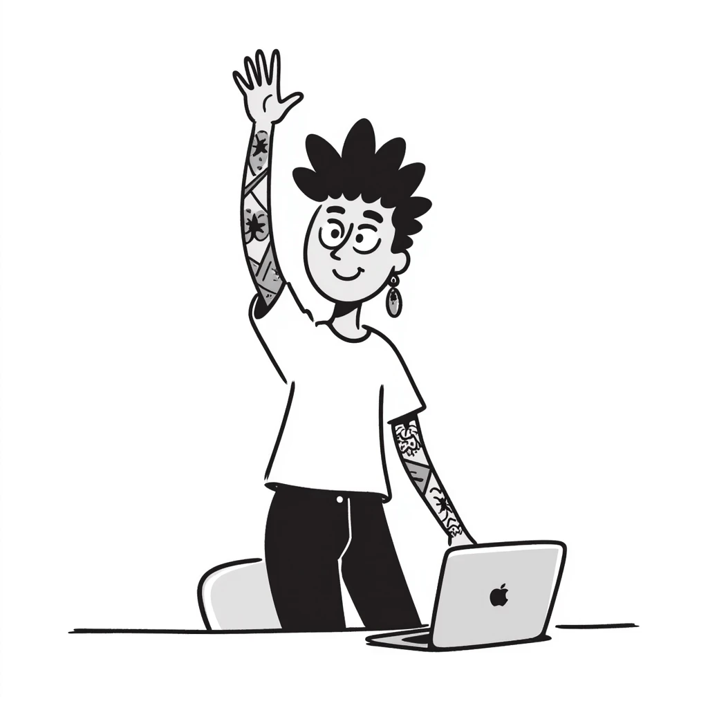 Punk rock female student with mohawk, facial piercings and full sleeve tattoos, smiling confidently while raising hand in class, laptop on desk, wearing band t-shirt emoji