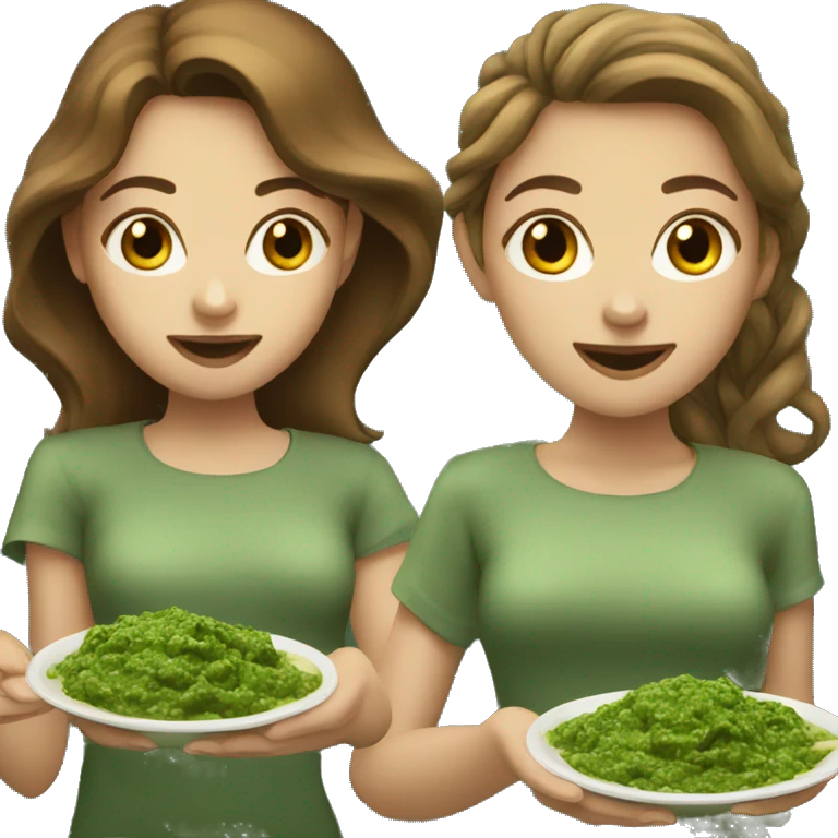2 white girls with brown hair who eats pesto emoji
