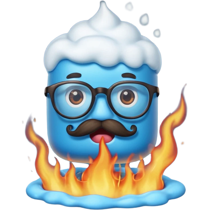 blue marshmallow on fire, surprised with mustache and glassess, just marshmallow emoji