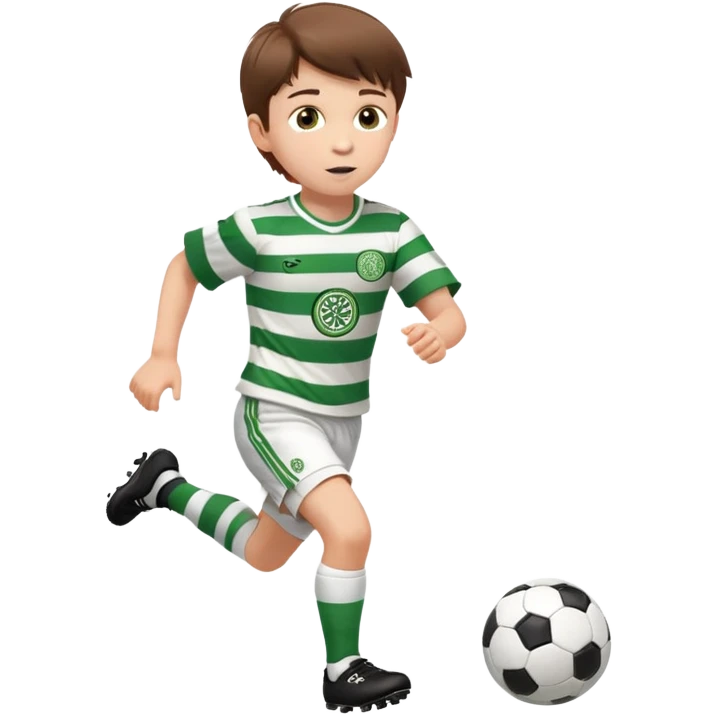 Celtic footballer jersey logo  6 years old brown hair white boy , brown eyes , stripes uniform , RUNNING  with soccer ball # 17 celtic football logo PUT ONLY ONE LOGO ONE CELTIC LOGO ONLY white shorts emoji