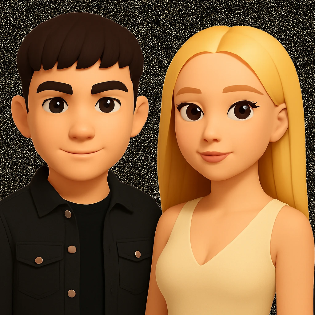 Slightly increase the volume of the upper body of the girl, separate the parts from each other, and make the skin color uniform. Maintain the cartoonish 3D style as in the reference image. emoji