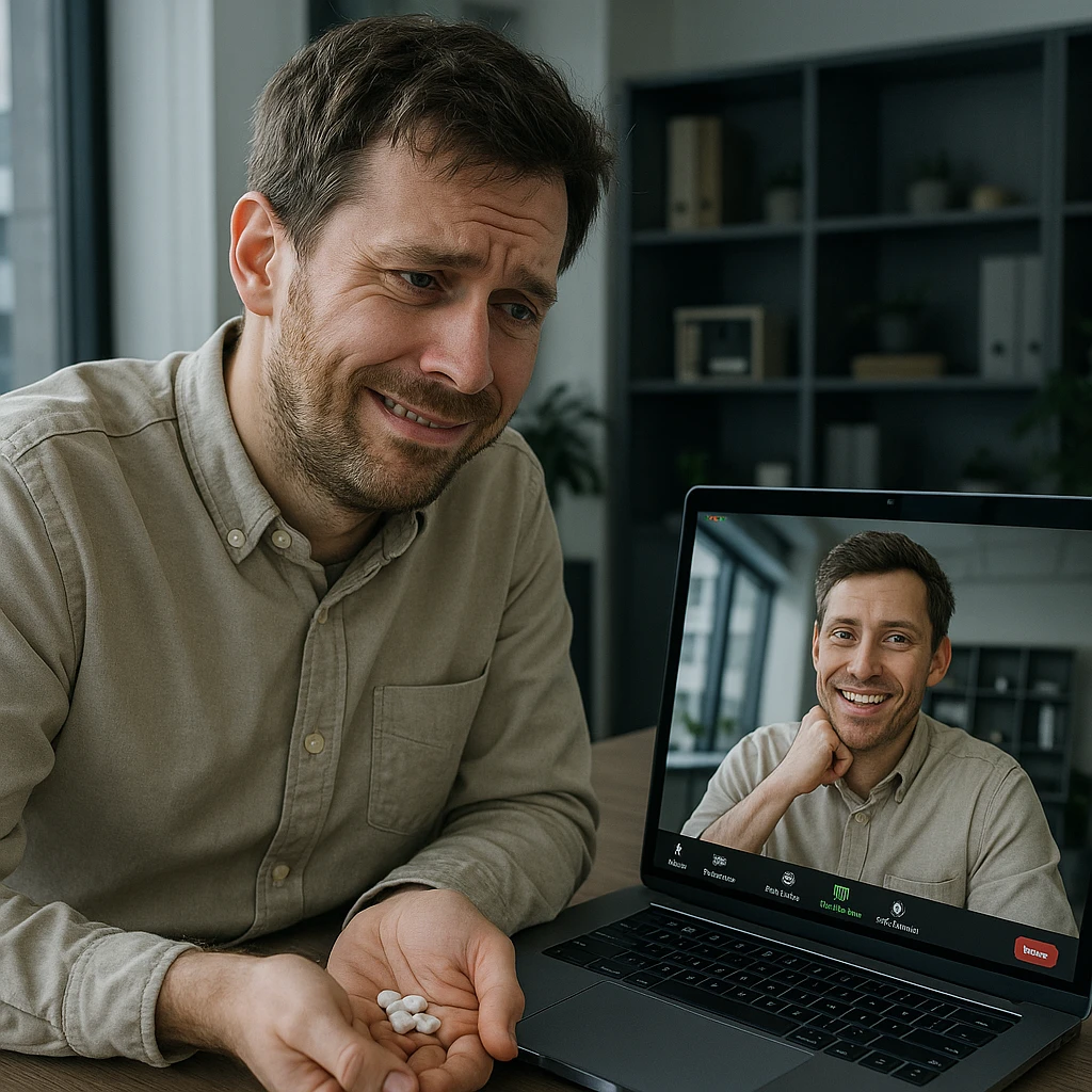 Man in his mid-30s on a Zoom call, forced cheerful expression, hand under table with caffeine pills, screen reflection shows hunched posture, virtual avatar energetic, hyperrealistic 4K, office background emoji