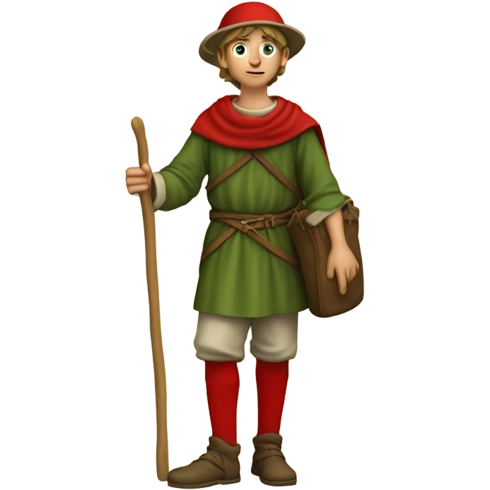 Young European pilgrim of the 13th century with staff, red stockings, short tunic and green hat and leather bag emoji