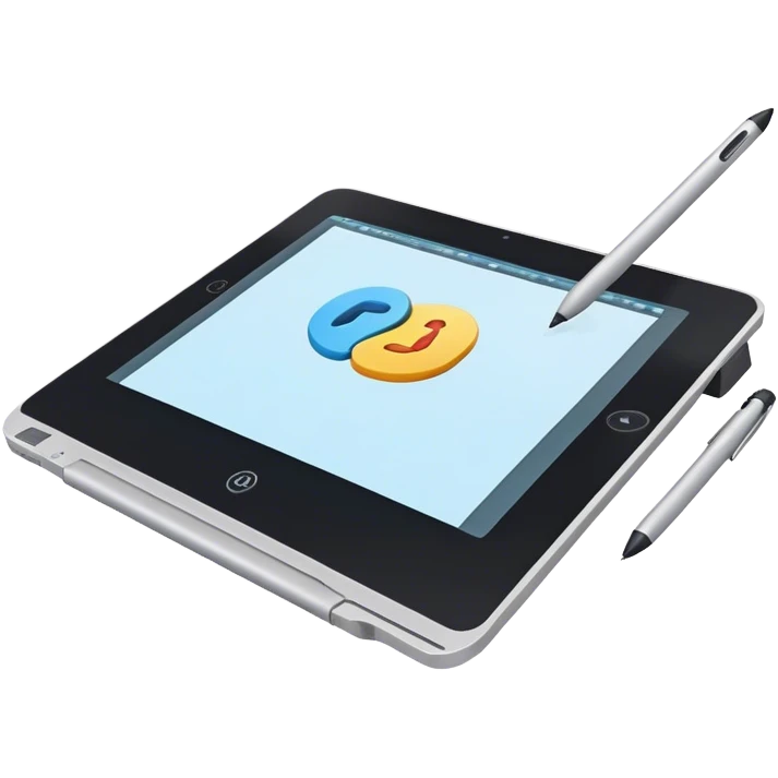 Create an emoji for 3D visualization and modeling. Show a large graphic tablet with a stylus drawing in a 3D modeling program. The 3D model on the screen should appear to protrude out of the screen. Use modern, professional colors. Make the background transparent. emoji